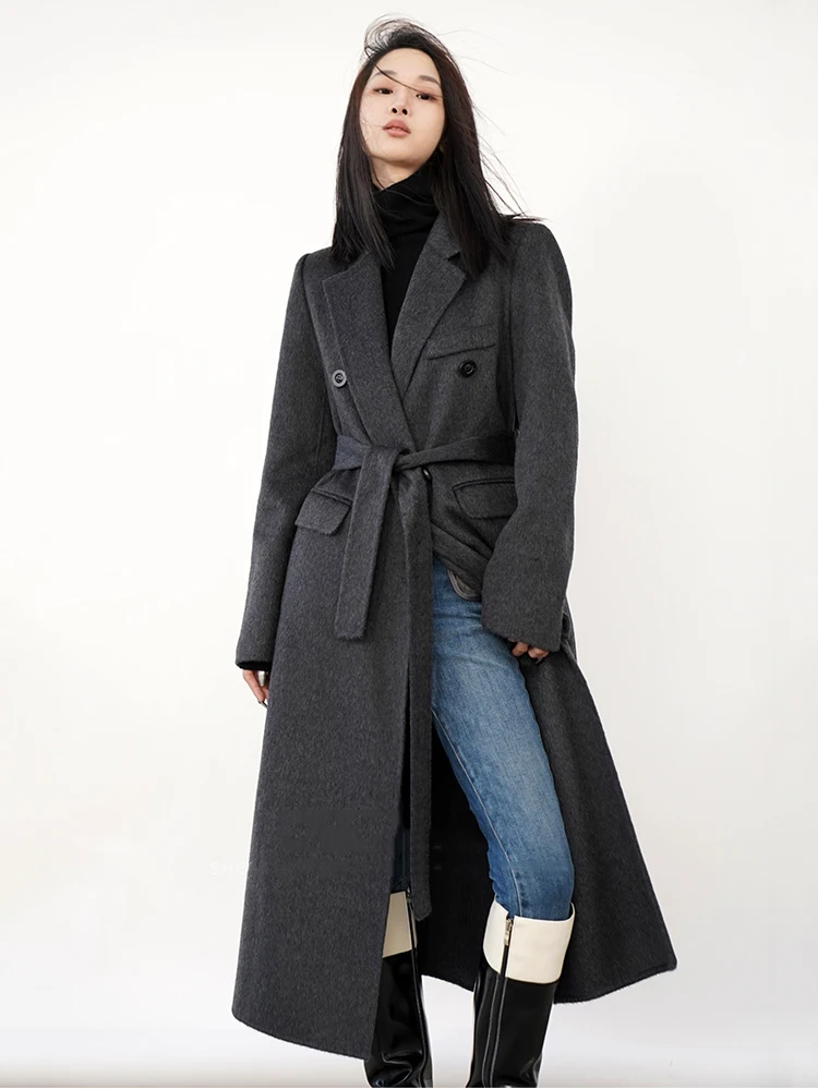 

Double Sided Wool Coat Mid Length Loose Casual Belt Overcoat Female Warm Clothes 2024 Winter New Fashion Office Jacket