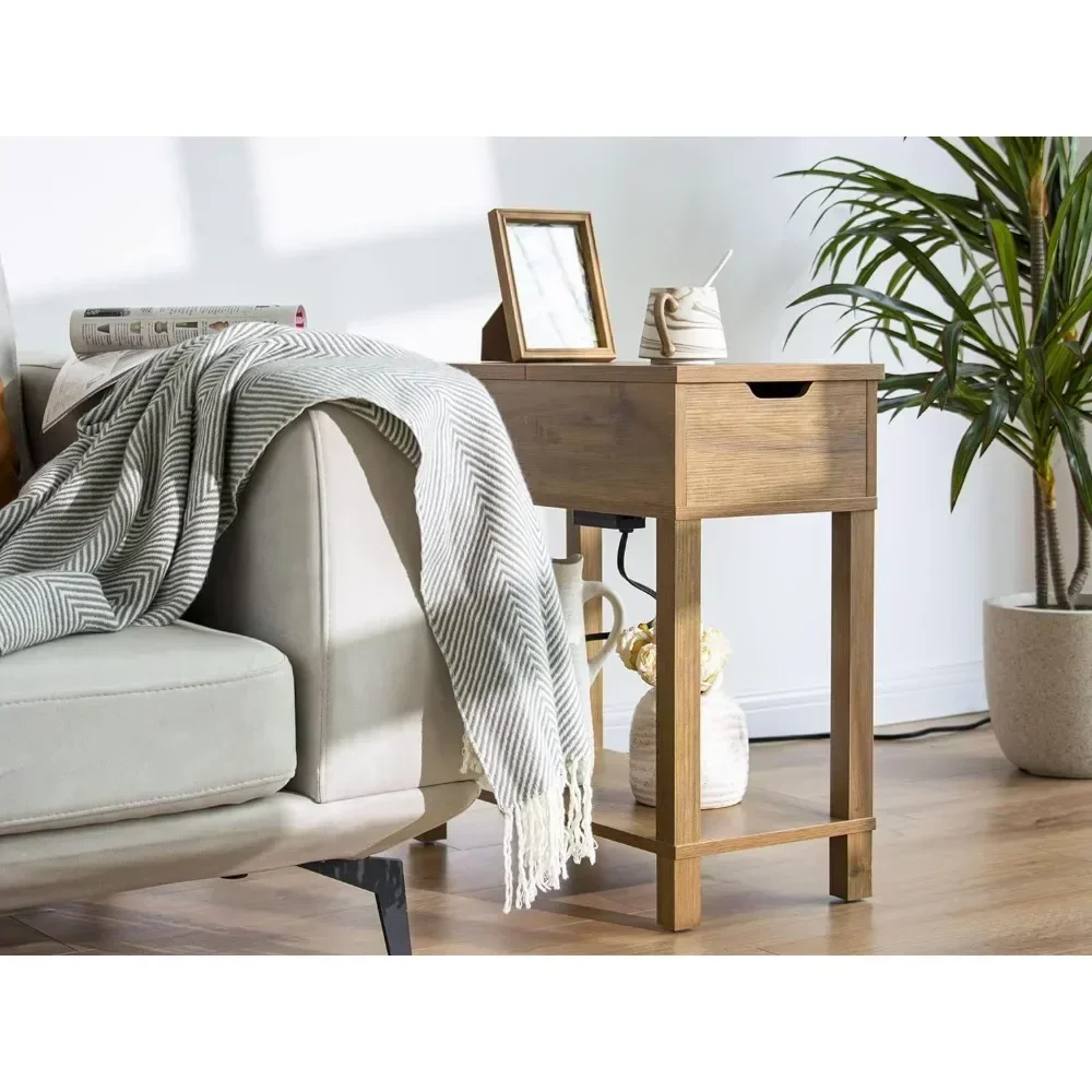 

Modern Farmhouse Side Table Home Furniture Narrow End Table With Charging Station Rustic Oak Color Coffee Living Room T