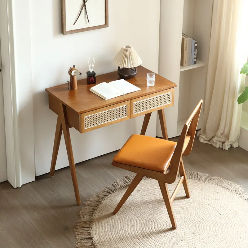 #Wabi-Sabi Style Solid Wood Rattan Desk Home Bedroom Integrated Dressing Table Nordic Style for Compact Apartments Chongqing