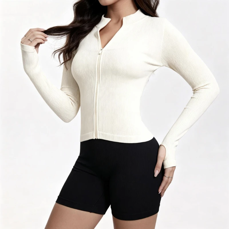 Women Ribbed Long Sleeve Zip Up Yoga Top High Elastic Workout Shirt Outdoor Running Gym Fitness Fashion Slim Sports Active Wear view 4