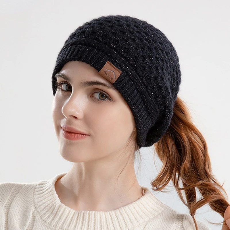 New Women Ponytail Hat Warm Slouchy Loose Knitted Hat with Hole Solid Color Beanie Home Outdoor Convenient Ear Protection Bonnet