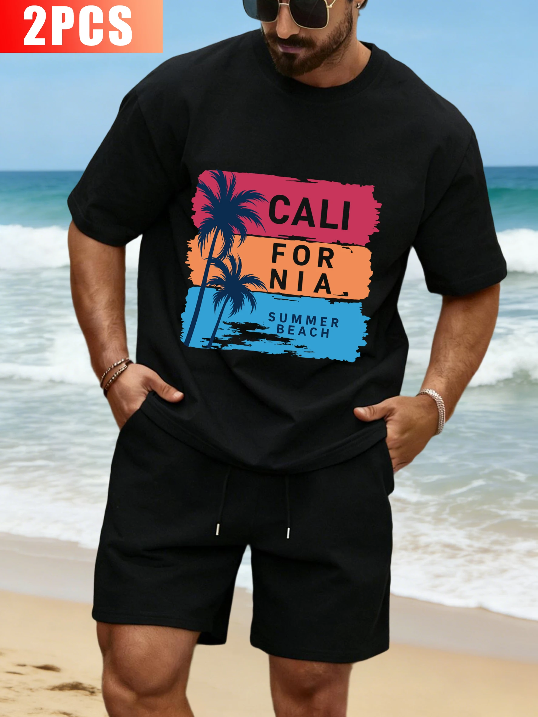 

California'S Seaside In Summert-Shirt Set Men Summer Cotton O-Neck Tee Wide-Leg Casual Pants Loose Fashion Man Retro Sportswear