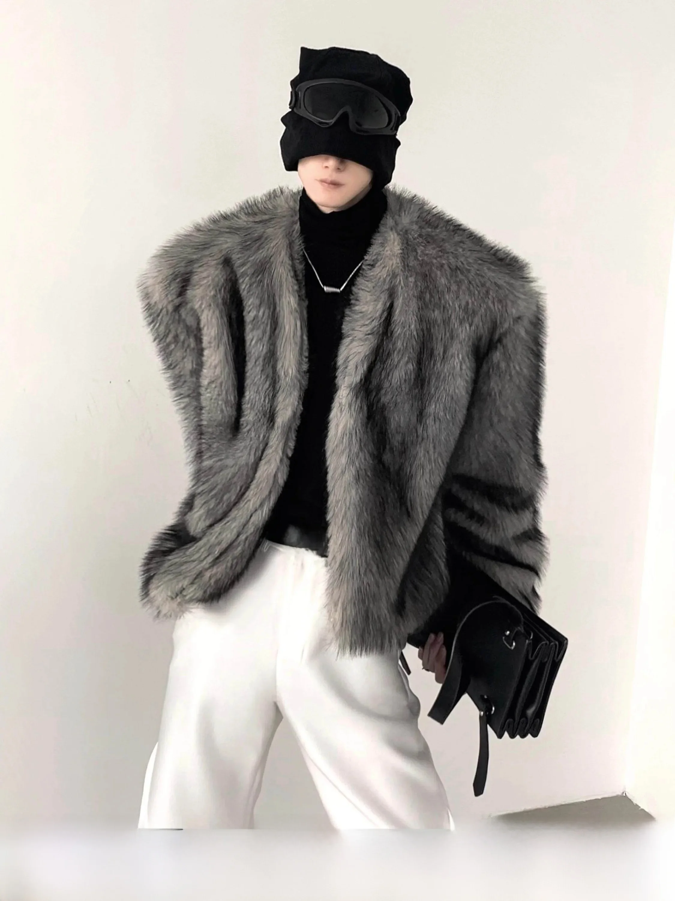 Street Fashion High End - Moda Gri Kürk Ceket Erkek Yakasız