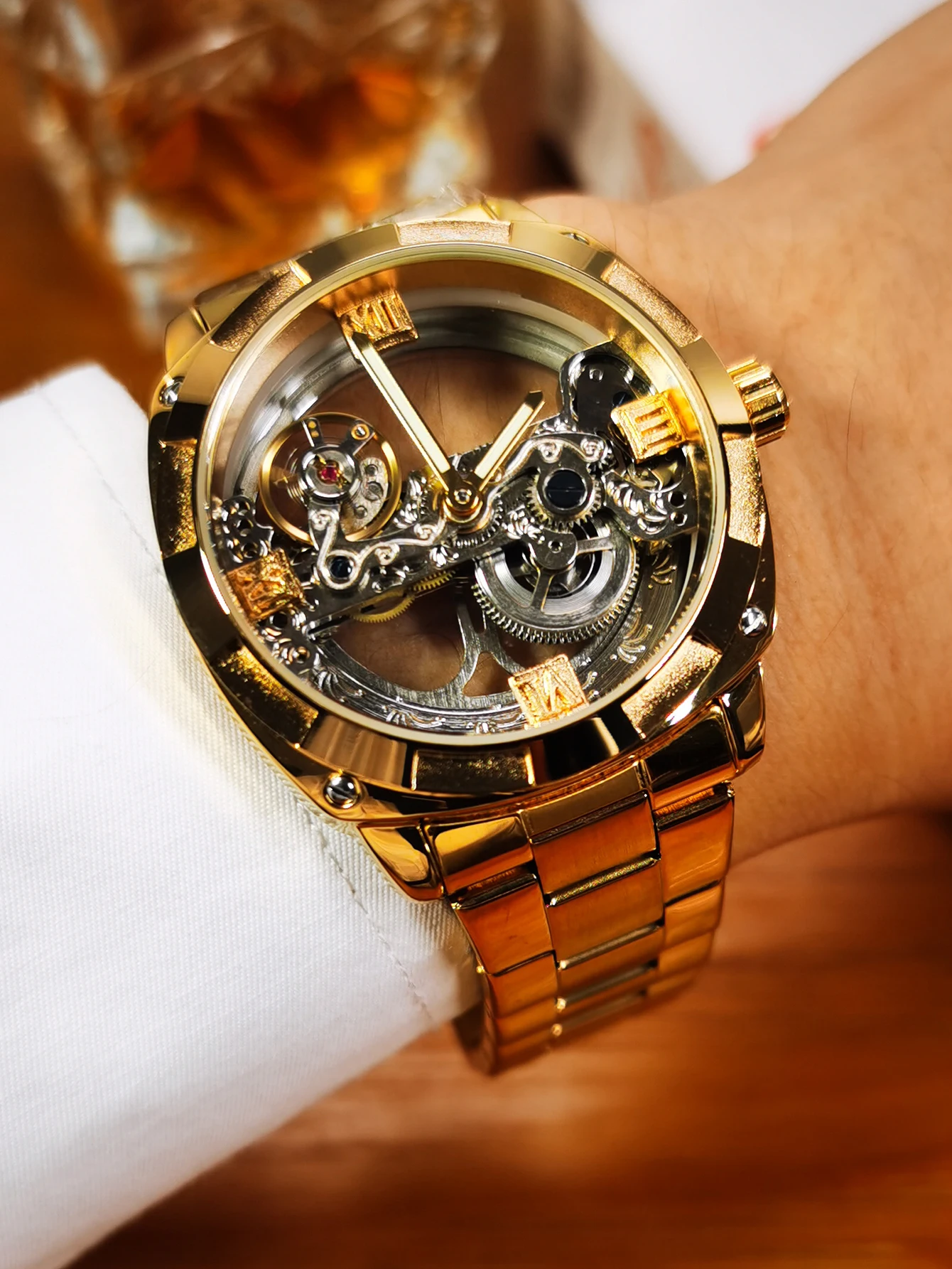 2023 Luxury Square Skeleton Automatic Mens Watch Golden Bridge Dial Carved Movement Mechanical Waterproof Watches Steel Strap