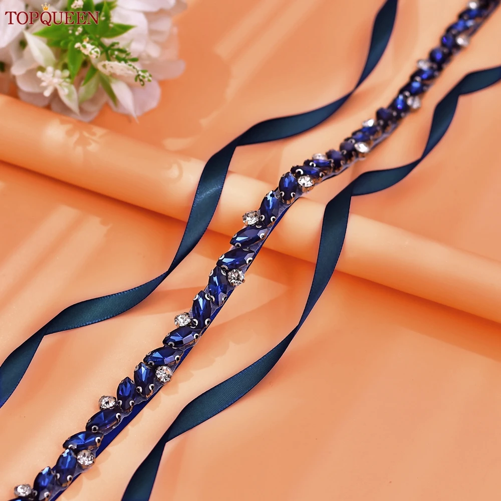 

TOPQUEEN Slim Navy Blue Stone Bridal Belt Popular Wedding Accessory Tie Bridesmaid Waist Chain Communion Dress Sash S149-ML