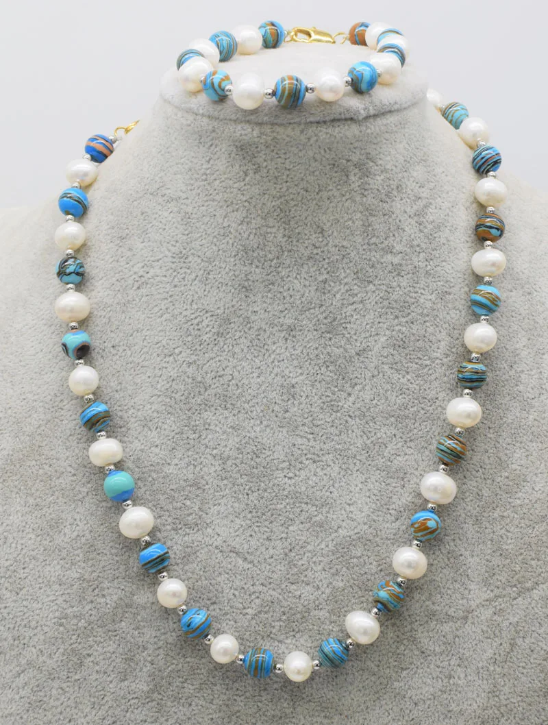 

one set wholesale freshwater pearl white near round blue veins stone 8mmn necklace bracelet 18inch nature beads