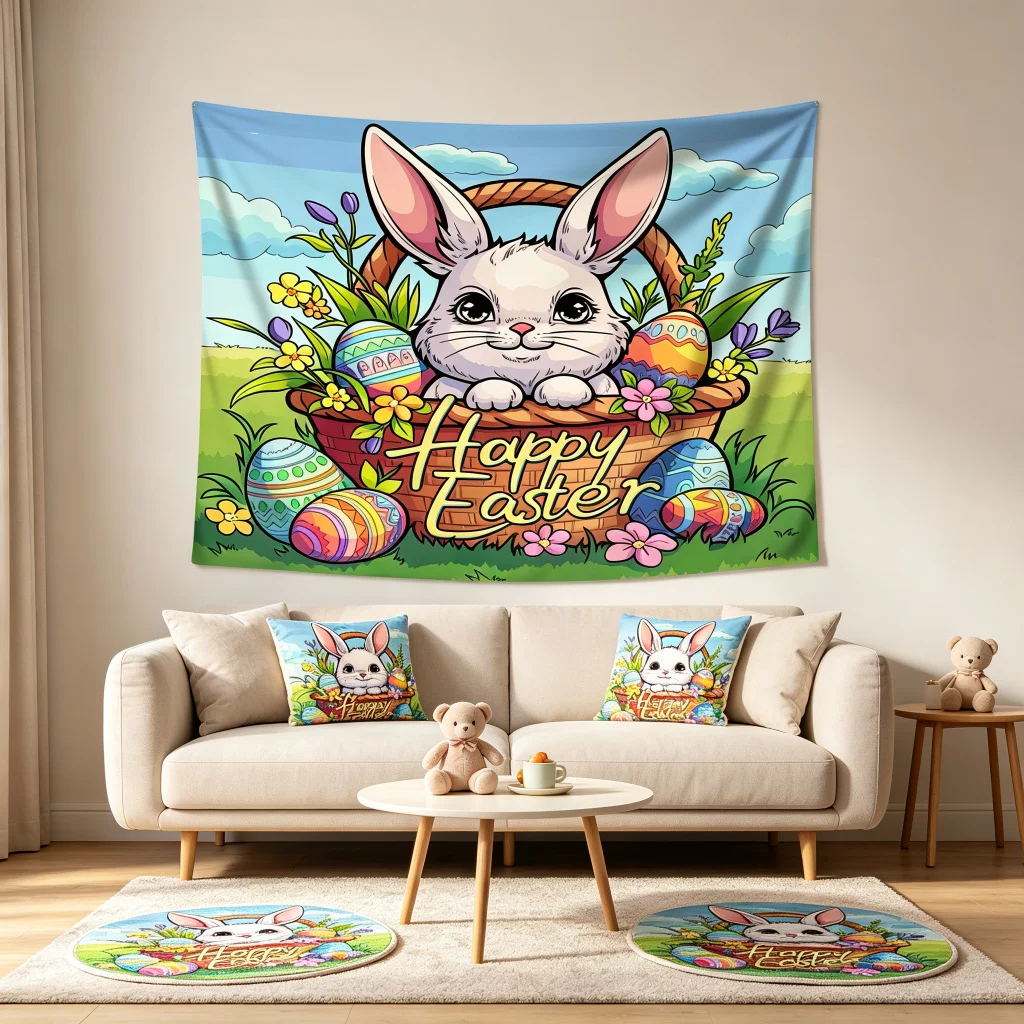 1PC Cartoon Bunny Basket Eggs Art Print Backdrop Banner, Bedroom Living Room Photo Background, Polyester, Home Decor, Wall Art