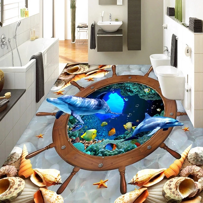 Custom 3D Floor Sticker Underwater World Dolphin Self-adhesive Wallpaper Hotel Living Room Bathroom papel DE parede Waterproof