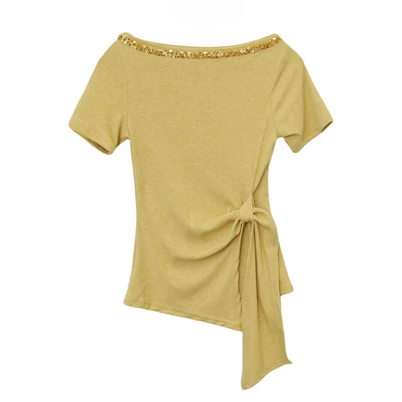 Camiseta ortopé Sve ajustada de verano para mujer, Top versátil con lentejuelas brillantes, cintura ceñida, longitud de ves, diseño Faionable