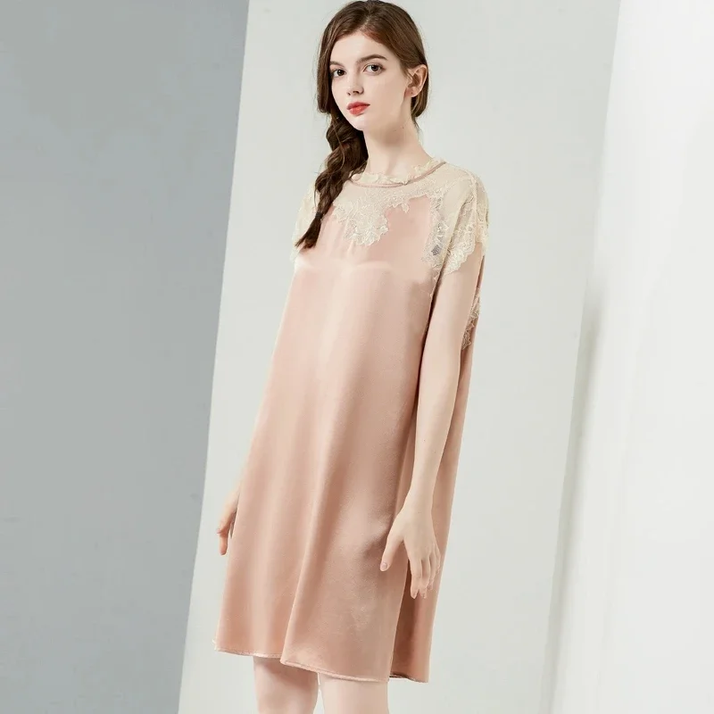 

19 мм 100% шелковая сорочка шелковицы, ночная рубашка с высоким воротом, сексуальная кружевная ночная рубашка на подтяжках, одежда для сна с короткими рукавами, домашний халат