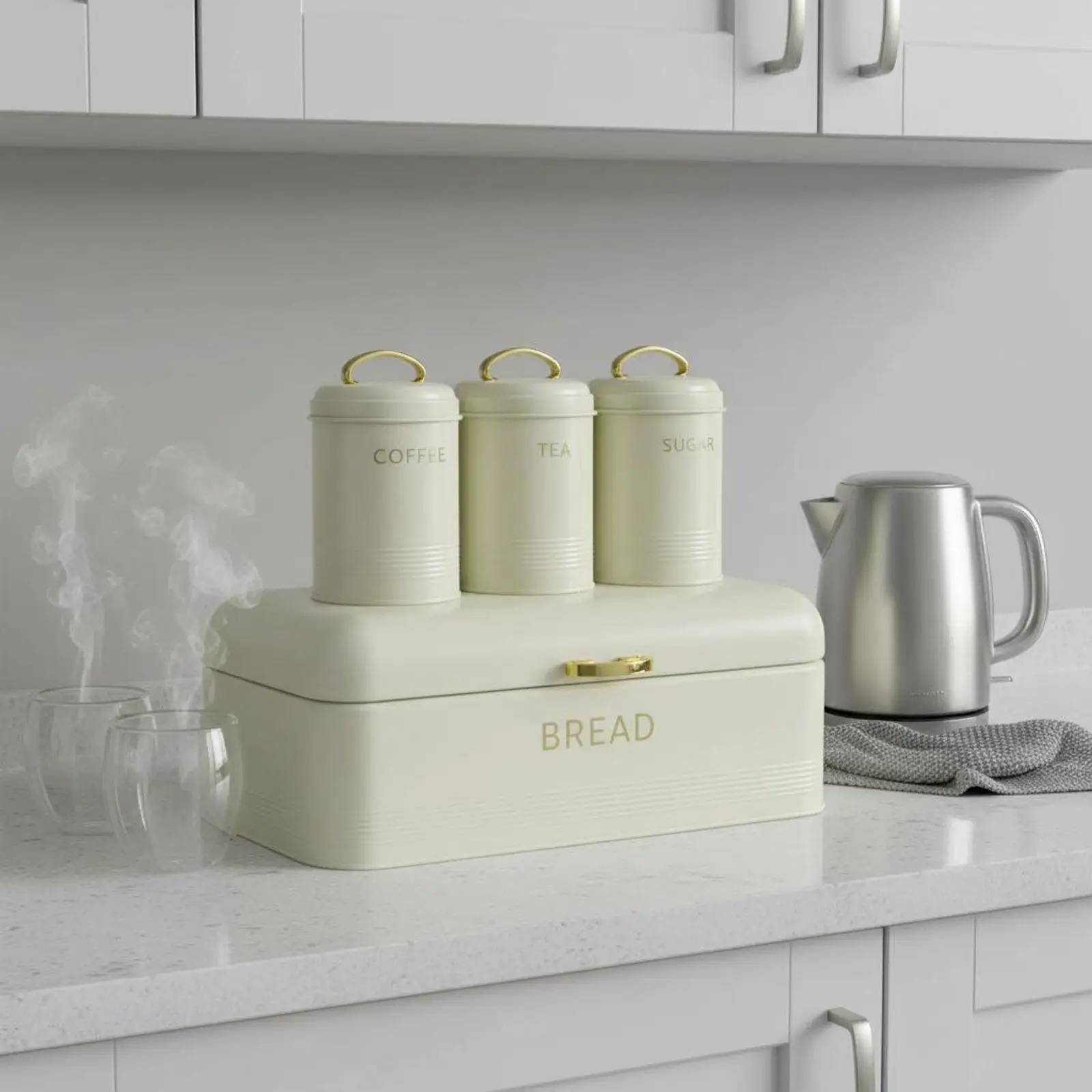 Kitchen Bread Storage Canister Set with Gold Handles for Countertop Organization Iron Airtight Food Container