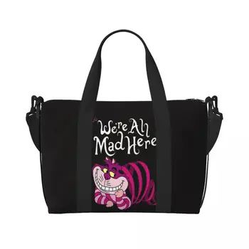 Borsa tote da spiaggia personalizzata con gatto Cheshire per donna Siamo tutti pazzi qui Borse da viaggio da spiaggia con grande scomparto per gatti