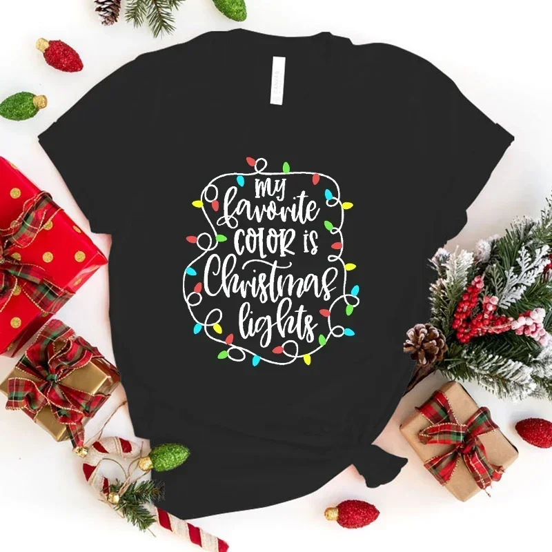 

Pop Funny My Favorite Color Is Christmas Lights Print T-Shirt Women Loose Short Sleeve Round Neck Top Female Casual Shirt Tees