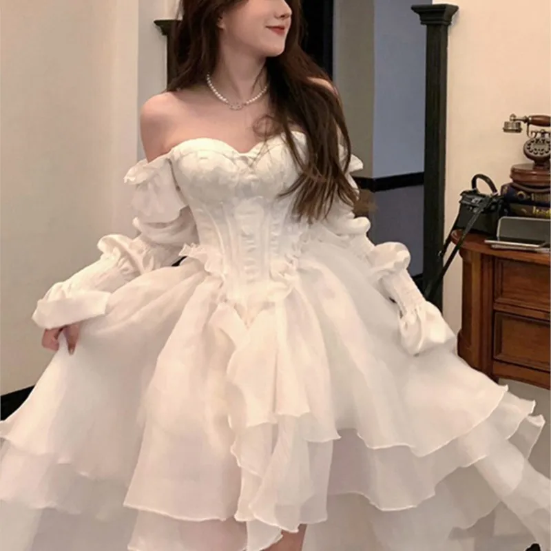 

Light luxury niche birthday party bar Mitzvah white strapless dress