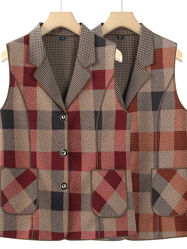 

Новая тонкая клетчатая куртка с V-образным вырезом для женщин среднего и старшего возраста, осенняя верхняя одежда 2025 года, модная приталенная модель из полиэстера