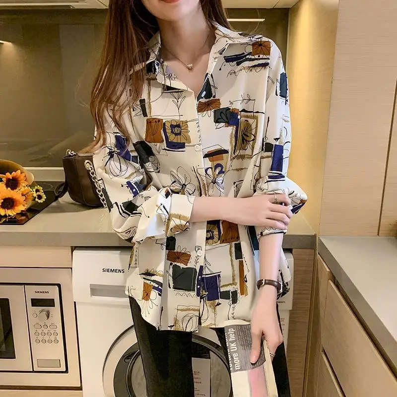 

Spring Autumn Women's Chiffon Shirt Printed Outerwear Design Loose Fit Versatile Top Elegant Fashionable Long Sleeve Blouse