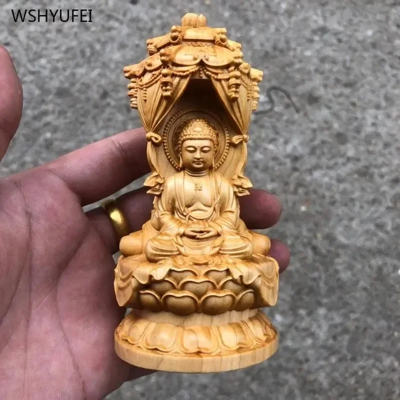 

Cliff cypress wood carving three saints of the West Figure Buddha decorations amitabha guanyin bodhisattva Home decoration