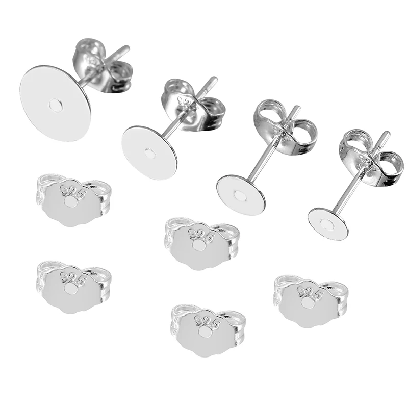 20pcs 925 Sterling Silver Plated Blank Earring Stud Base 4 5 6 8mm Earring Post Cabochon Settings for DIY Earring Jewelry Making