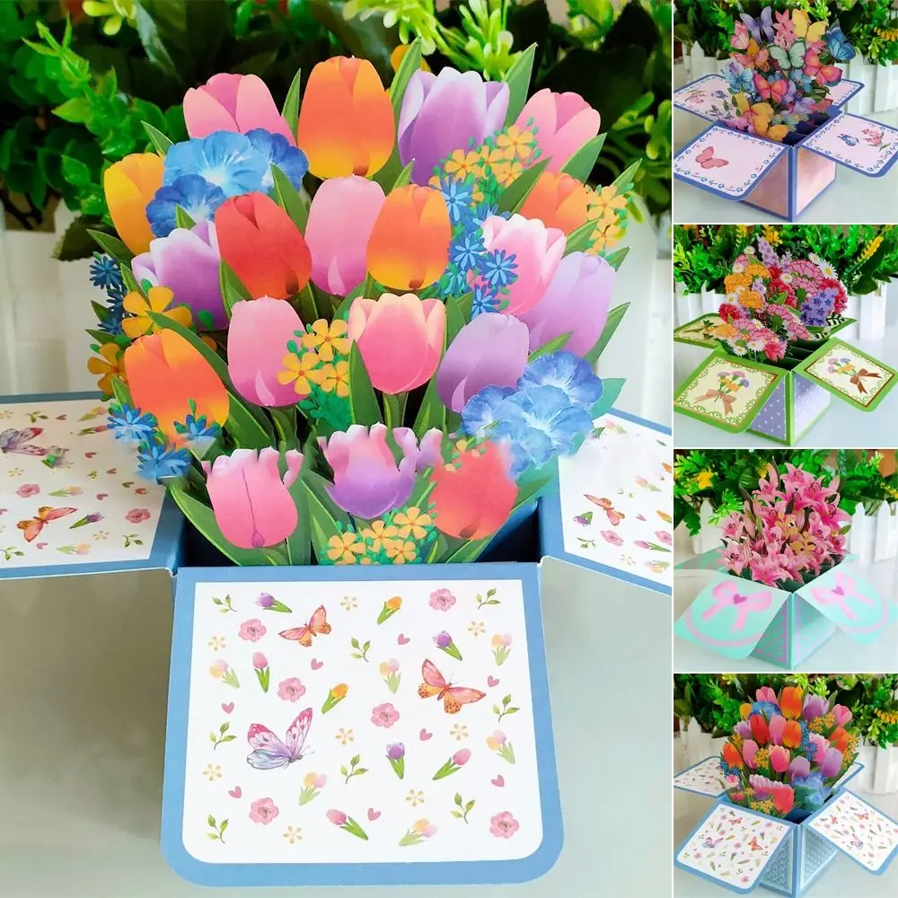 Day Tropical Bloom Anniversary Greeting Card Daisy/Carnation Paper Flowers 3D Pops-up Bouquet Rose/Lily/Sunflower/Tulip