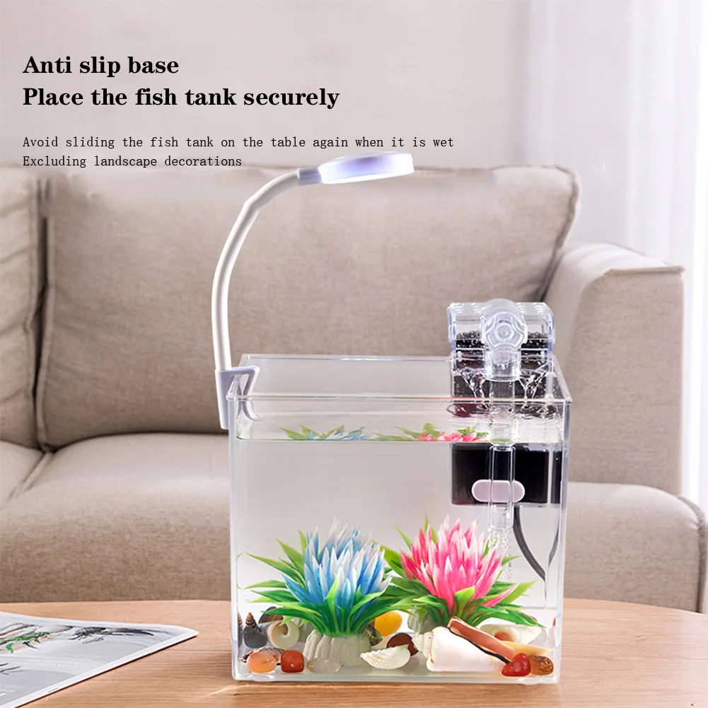 

Small Fish Tank Aquarium With Clamp Light Wall Mounted Filter Anti Slip Base Starter Kits Square For Living Room Office Decor