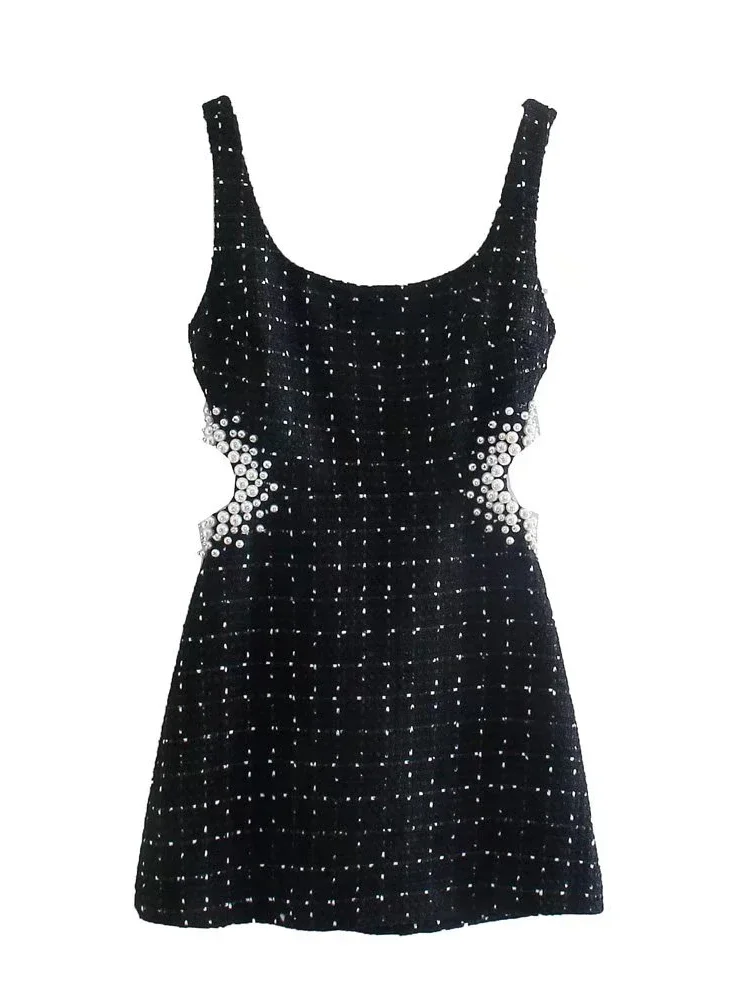 Willshela Moda damska z perłami Czarny wydrążony tył Mini sukienka Vintage Paski Kwadratowy dekolt Kobiece eleganckie sukienki damskie