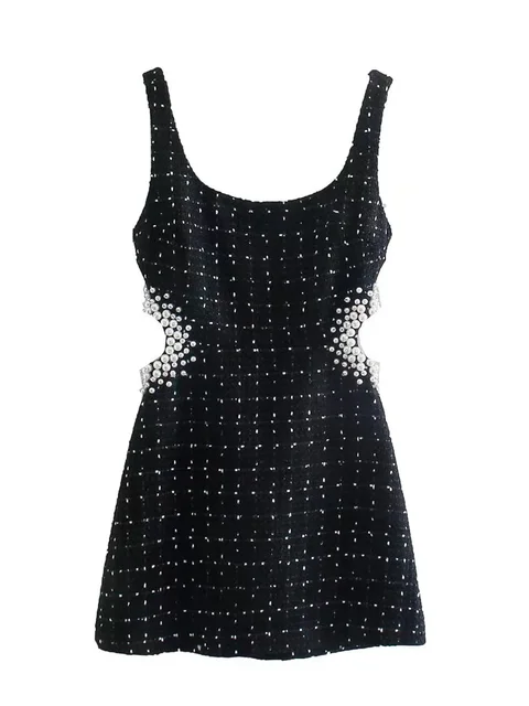 Willshela Moda damska z perłami Czarny wydrążony tył Mini sukienka Vintage Paski Kwadratowy dekolt Kobiece eleganckie sukienki damskie