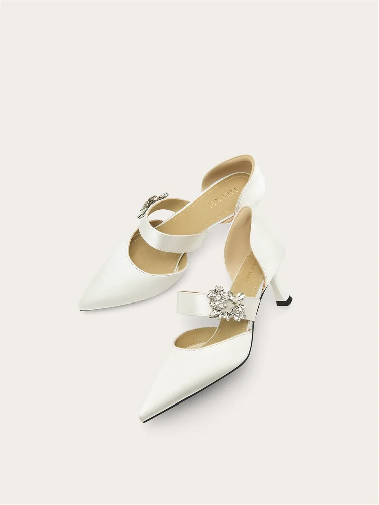 Summer new pointed silk rhinestone with low heel wedding shoes, banquet big size small size widened high heels women's sandals