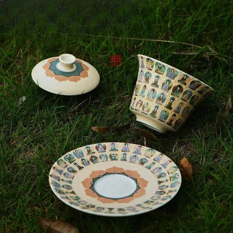 150ml Dunhuang Thousand Buddhas Ceramic Gaiwan Mural Painting Bowl with Lid Tea Tureen Tea Brewing Cover Bowl Tableware Craft
