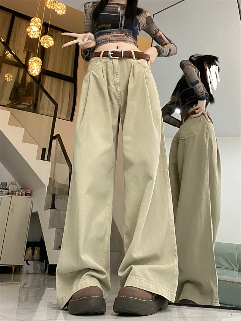 

HOUZHOU Y2K Vintage Khaki Baggy Jeans Women Korean Style Basic Denim Pants Female Oversized Harajuku Retro Wide Leg Trousers