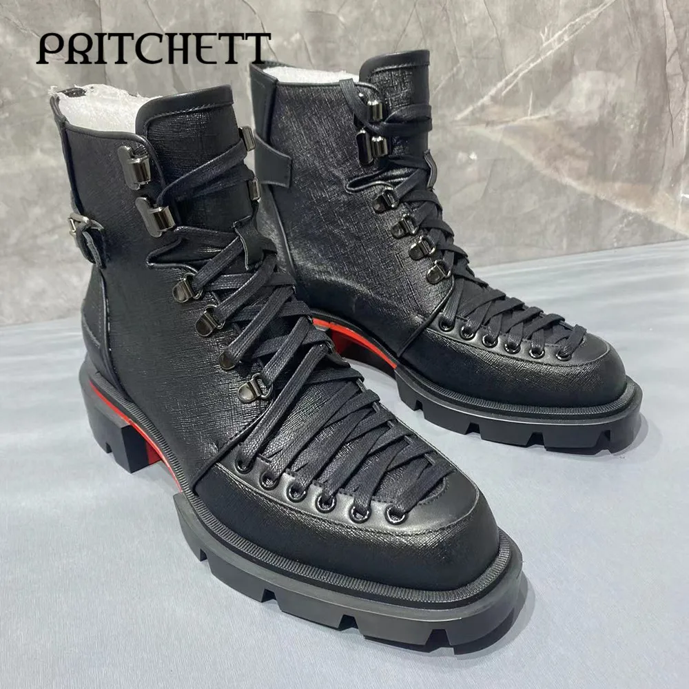 Black Lace-Up Leather Casual Boots Round Toe Thick Heel Pull-On Style Personality Metal Handsome Ankle Boots Fashion Men's Boots