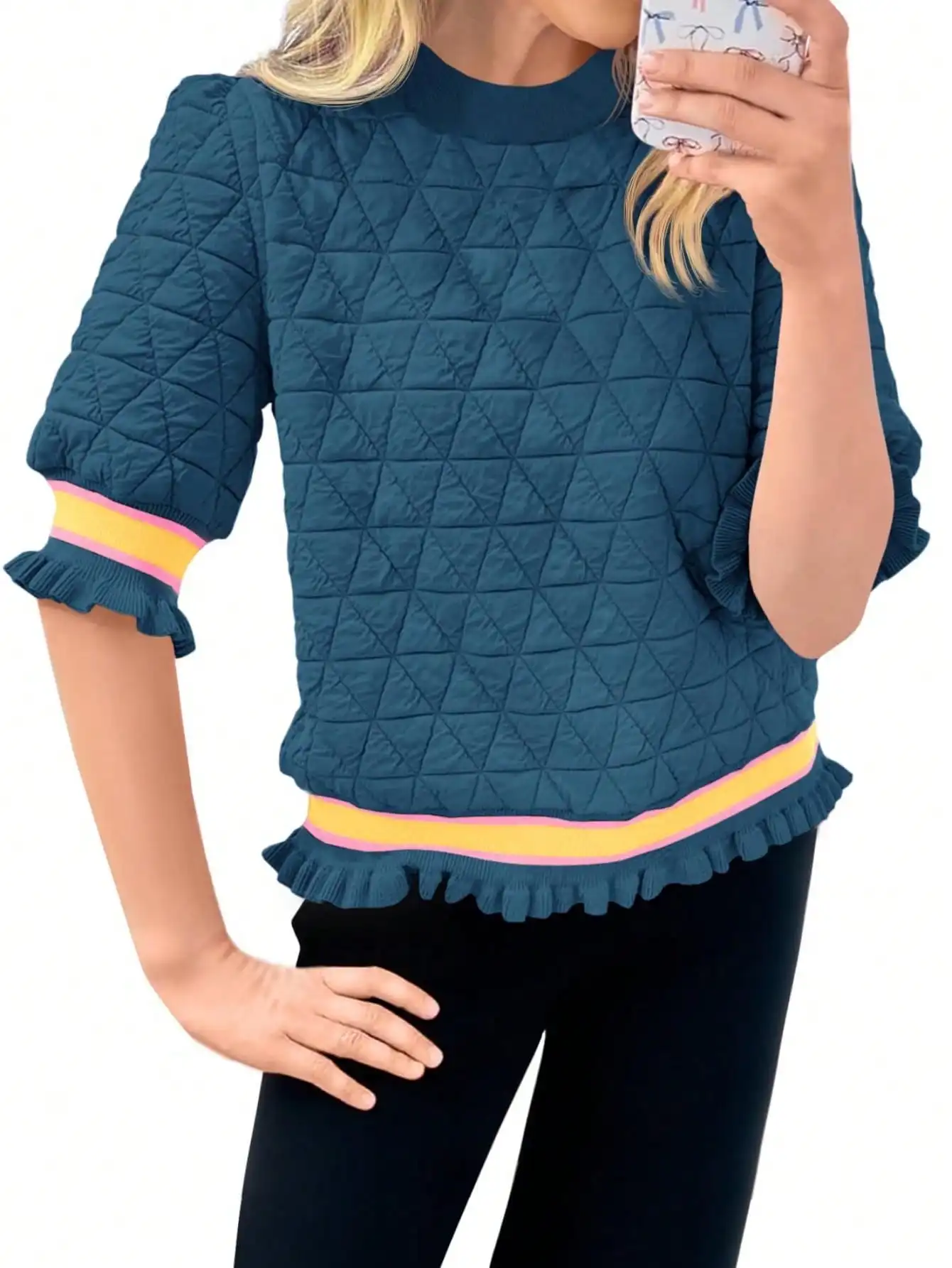 Fisoew Top tipo jersey corto con estampado acolchado para mujer, sudadera informal con cuello redondo y manga acampanada y dobladillo con volantes