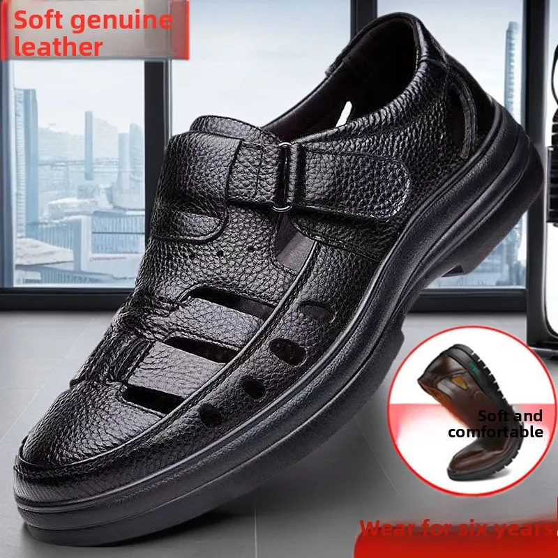 Sandalias de cuero transpirables informales para hombre, zapatos antideslizantes de verano, diseño calado, zapatos cómodos para papá para mediana edad