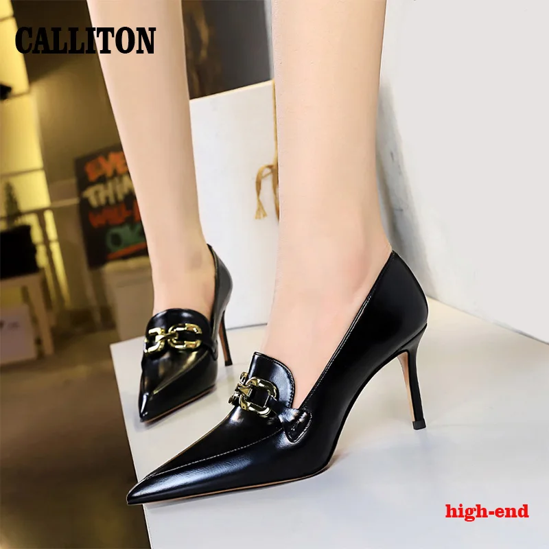 CALLITON Womens Shoes Banquet Casual Party Fashion High Heel Metal Decoration Office Sexy Ladies Pumps Thin Shoes 2023 Spring