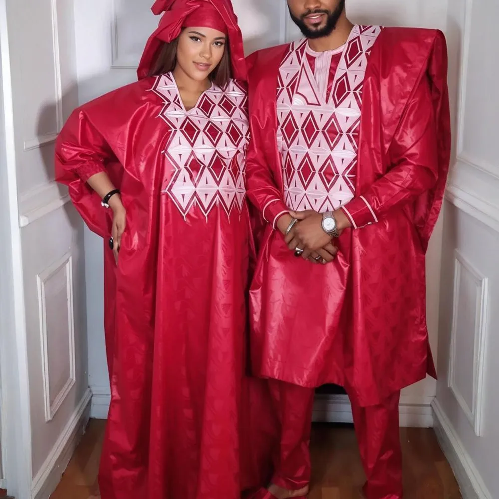 

Elegant African Dresses for Women Traditional Bazin Embroidery Wedding Party Dresses Dashiki African Couples Matching Clothes