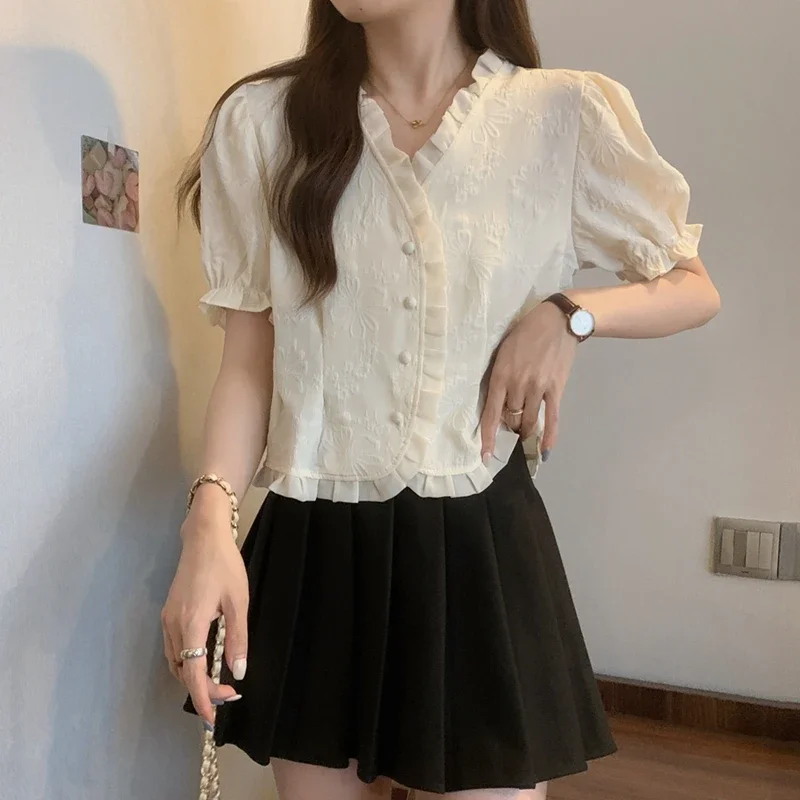 Casual Summer Shirts for Women 2024 Elegant Fashion Short Sleeve Korean Y2k Clothes Vintage Ruffles Puff Sleeve Crop Top Blouses