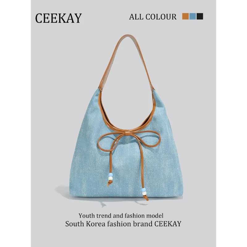 

Модная ретро-джинсовая сумка CEEKAY из выстиранного денима с кожаным бантом, трендовая сумка-шоппер через плечо, джинсовая сумка-хобо 2026 с блестками