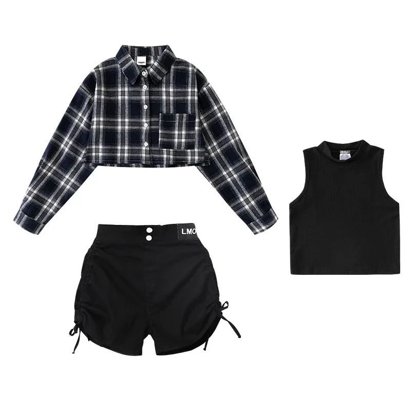 Girls Plaid Shirt Crop Top Black Shorts Jazz Dance Costume Streetwear Teenager Stage Outfit Kids Cool Hip Hop Clothes 8 10 12Y