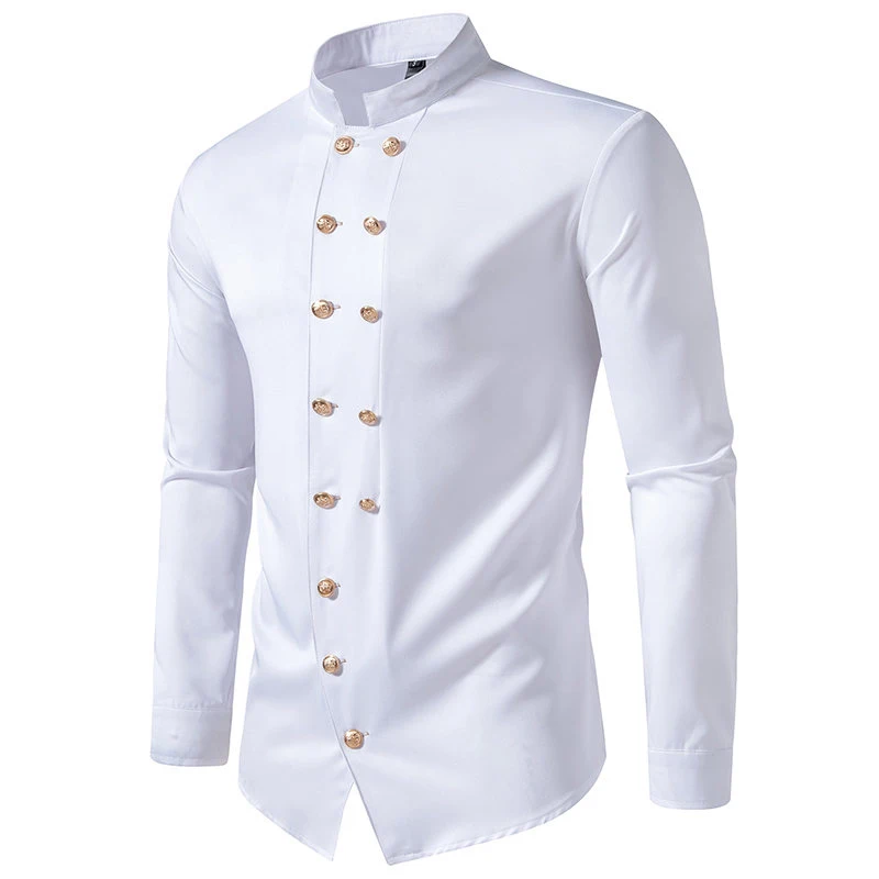 2024  New Men\'s Double-breasted Long-sleeved Shirt Vintage Henry Collar Solid Color Dress Shirt