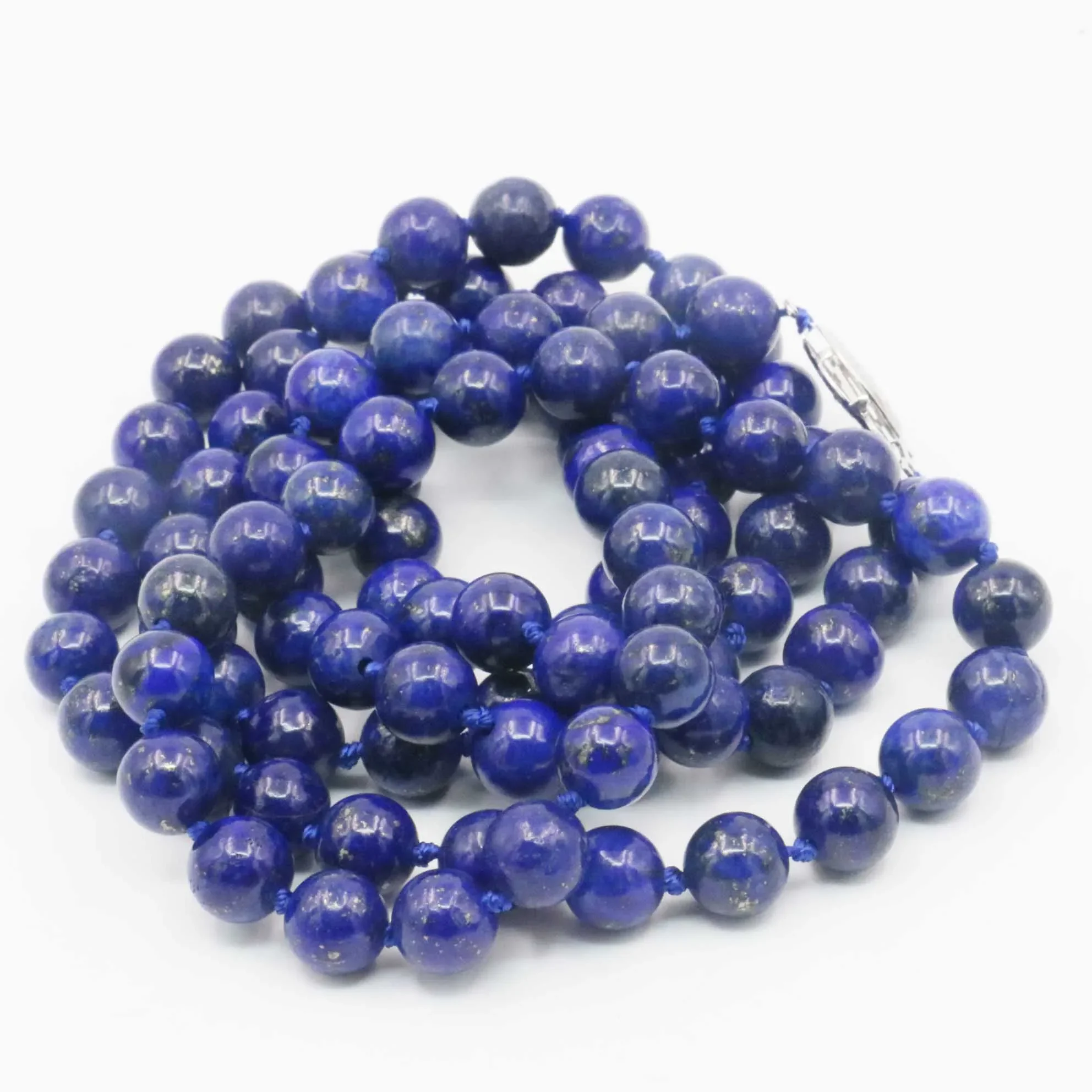 8mm Long Round Blue Lapis Lazuli Necklace Natural Stone Rope Chain Beads Neckwear Women Gifts Jewelry Making Design Alloy Clasp