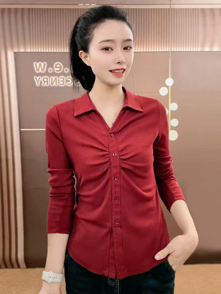 Camiseta Casual Longa Feminina em Algodão Puro Moda Primavera Outono Nova Camiseta Cardigan Dobrada Confortável e Respirável