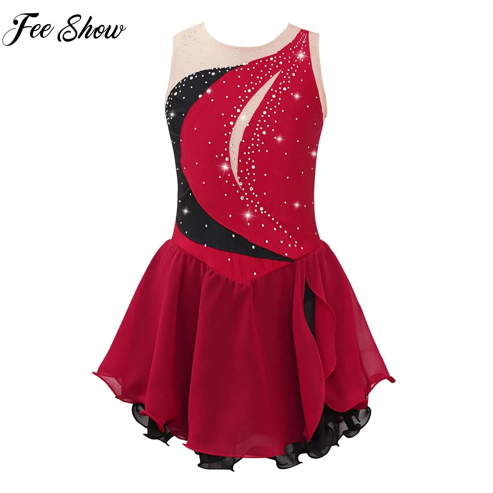 

Shiny Rhinestone Tulle Ballet Gymnastics Leotard Sleeveless Ruffle Tutu Dress Leotards Figure Skating Competition Costume