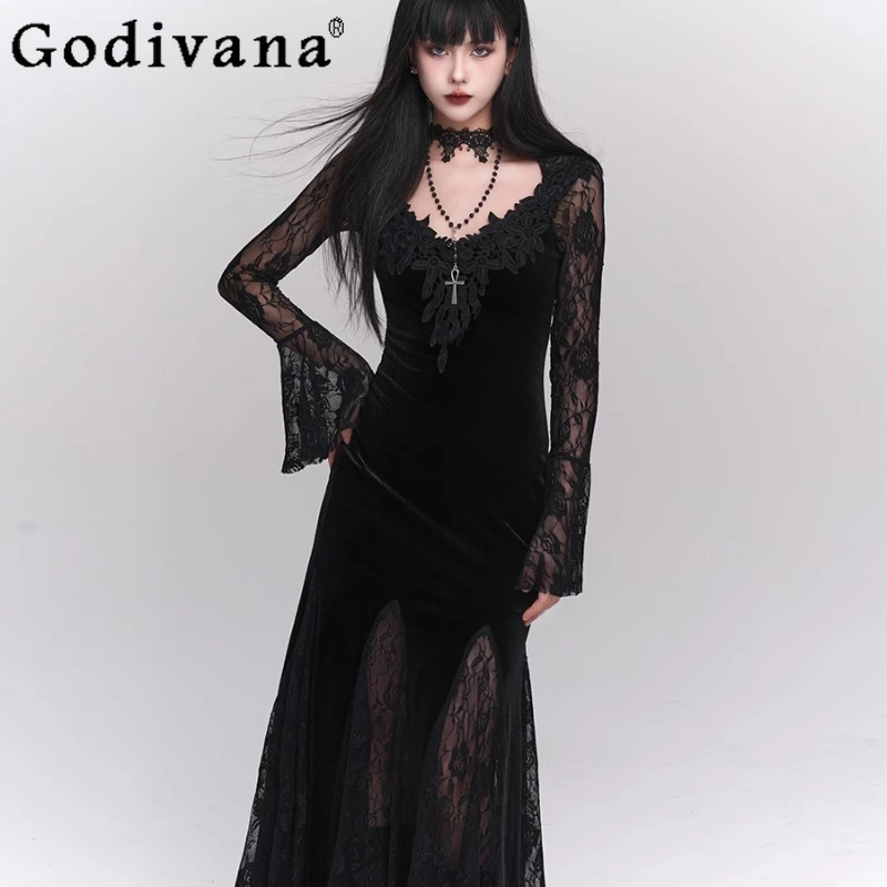 

Black Red Long Mermaid Dress for Ladies Gothic Style Halloween Dress Costume Women's Sexy Lace Bodycon Christmas Dress