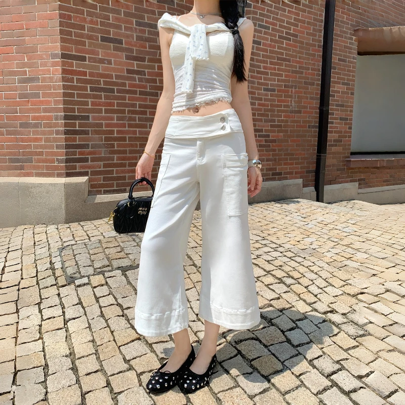 Women's White Flared Cropped Jeans 2026 Summer High Waist Slim Wash Denim Culottes Capri Short Pants