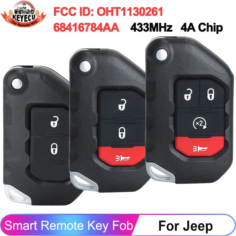 

KEYECU FCC ID: OHT1130261 For 2018 2019 2020 2021 2022 Jeep Wrangler Gladiator Keyless Fob 4A Chip 433MHz Smart Car Key Remote