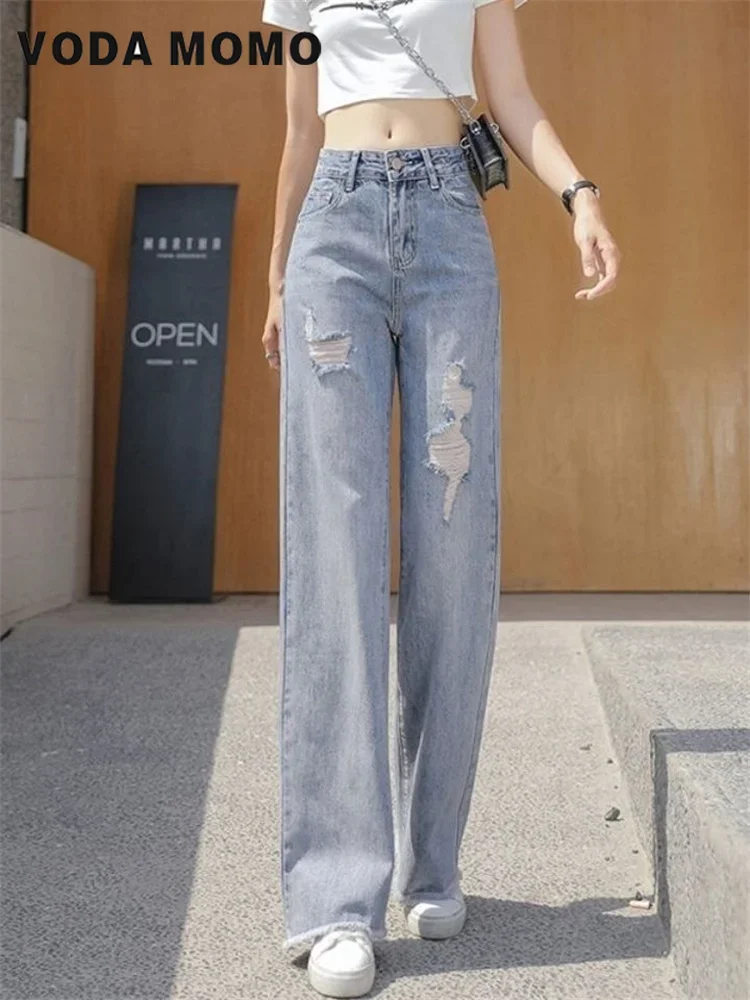 Ripped Boyfriend Womens Fashion High Waist Y2k Women's Wide Leg Jeans Baggy Woman Denim Long Pants Jean Mom Jeans Trousers