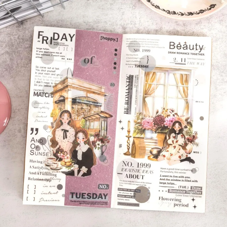 مجموعة كتب ملصقات مقطوعة مسبقًا لمذكرات الفتاة مع 60 صفحة من PET وWashy Ephemera لسكرابوكينغ المجلات الشخصية الإبداعية DIY #6