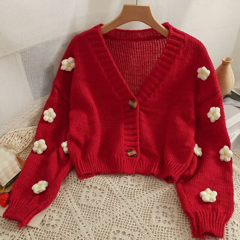 Cropped Cardigan 3D Flower V-neck Kawaii Retro Design All-match Mujer Sweater Tender Girlish Aesthetic Fall New Arrival Ulzzang