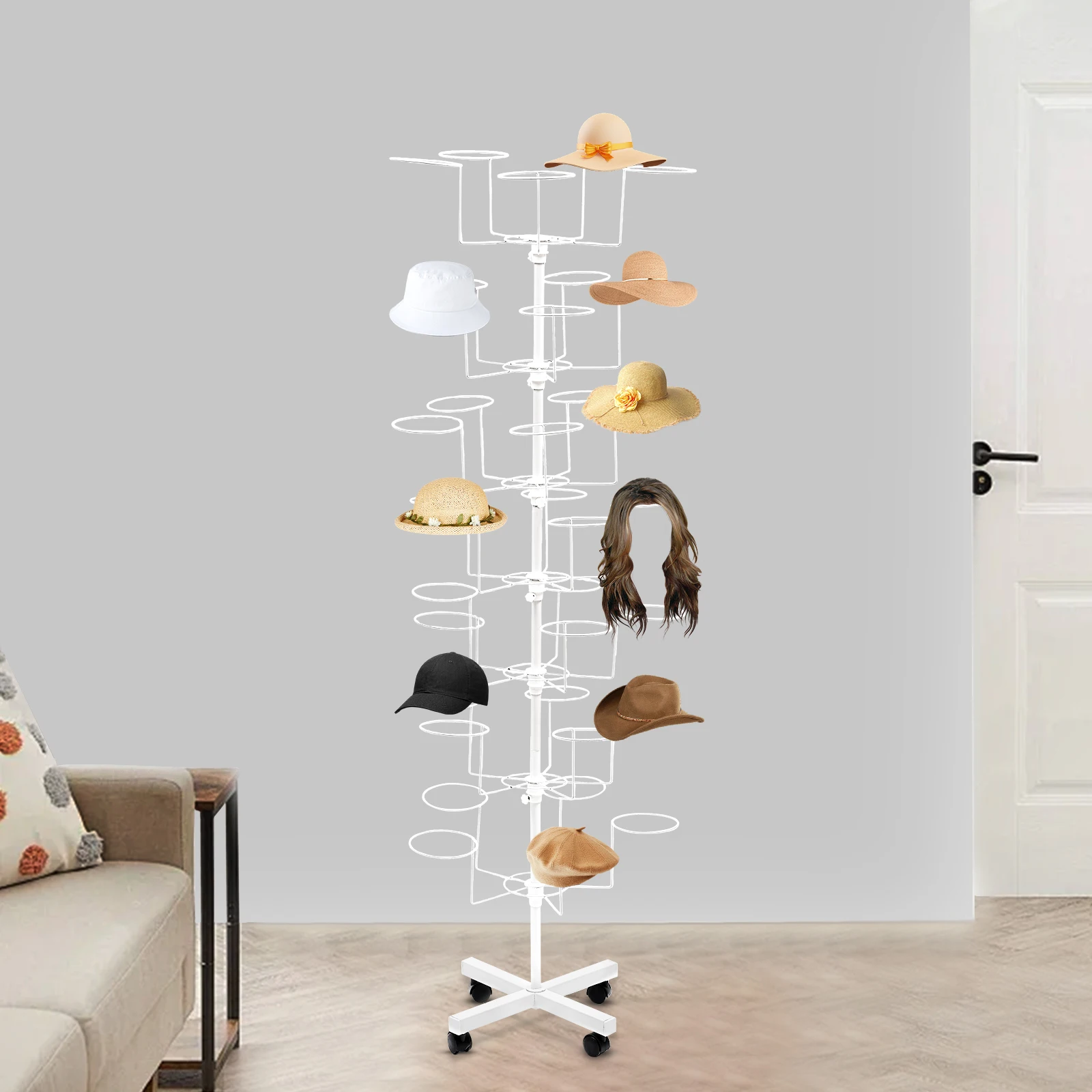 

7 Tiers Rotating Hat Display Rack W/ 35 Hooks Hat& Wheels, Freestanding Display Holder Retail Store Hat Stand for Wig, Cap
