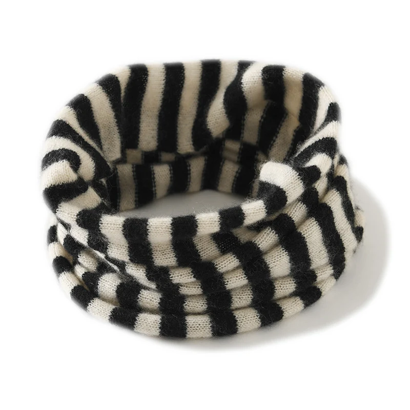 

100% Pure Cashmere Neck Cover Winter Warm Scarf Knitted Fake Collar striped Head Ring Male/Female Universal