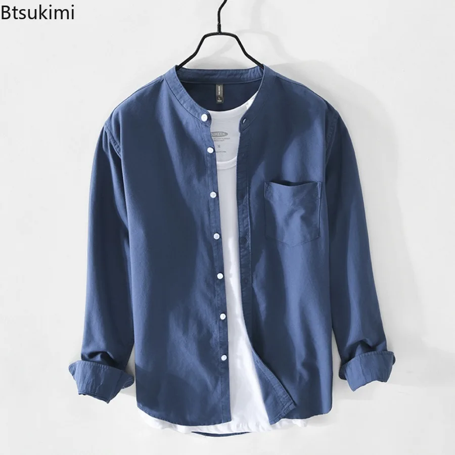 

2024 Fashion Retro Style Men's Solid Long-sleeved Casual Shirts Comfortable 100% Cotton Versatile Shirt Coats Men Simple Blouses